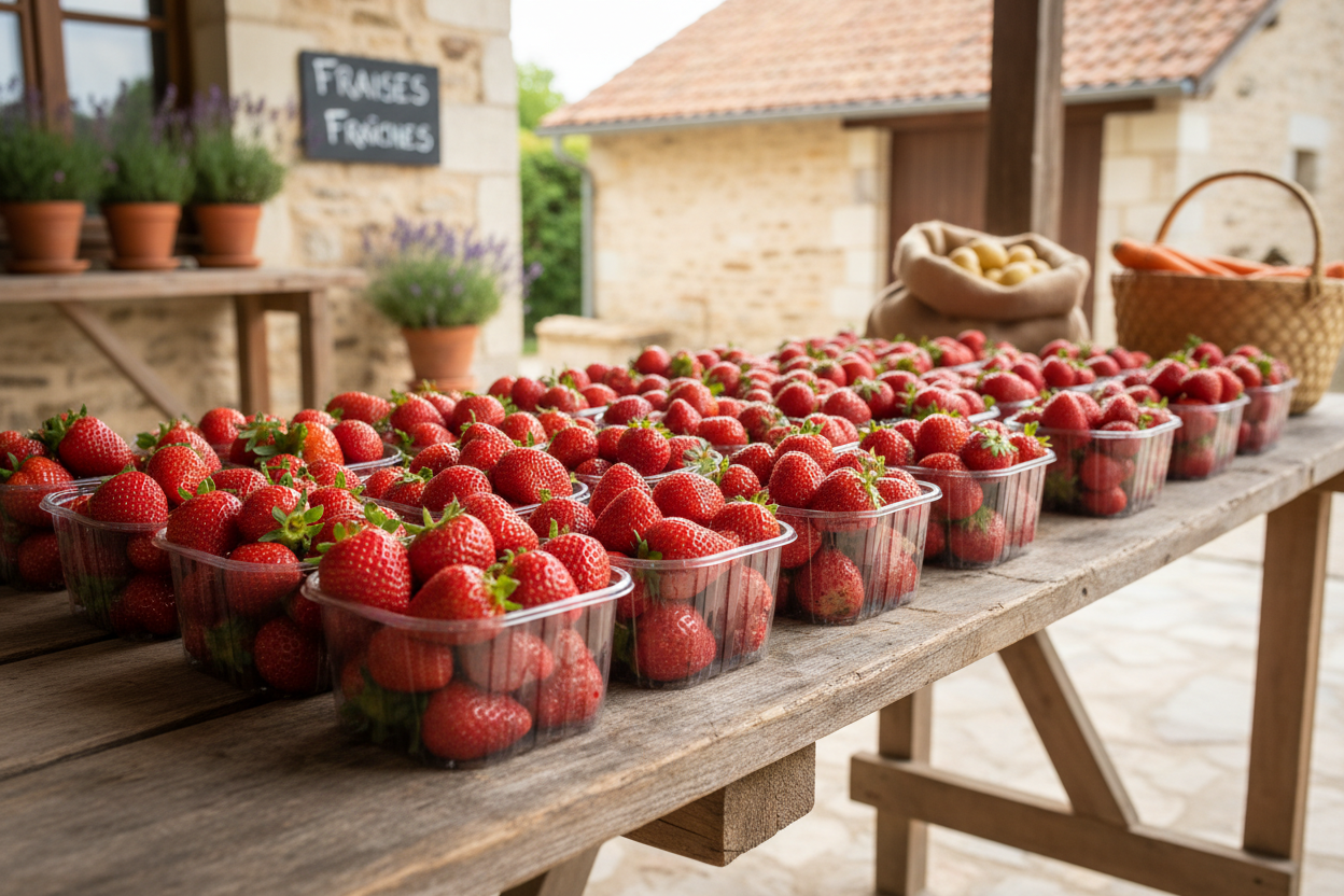 barquettes en plastique de fraises, ambiance fermière