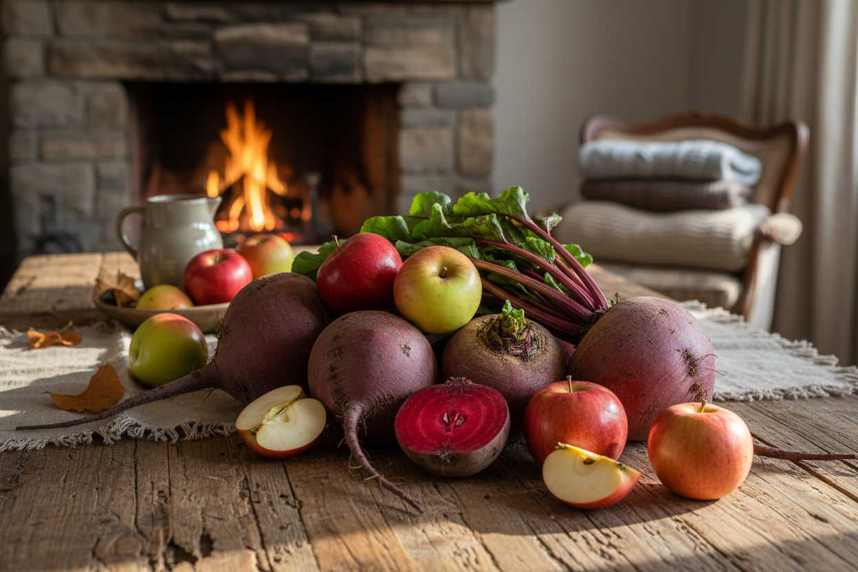 betteraves et pommes en gros plan sur une table en bois, ambiance chaleureuse, ferme 