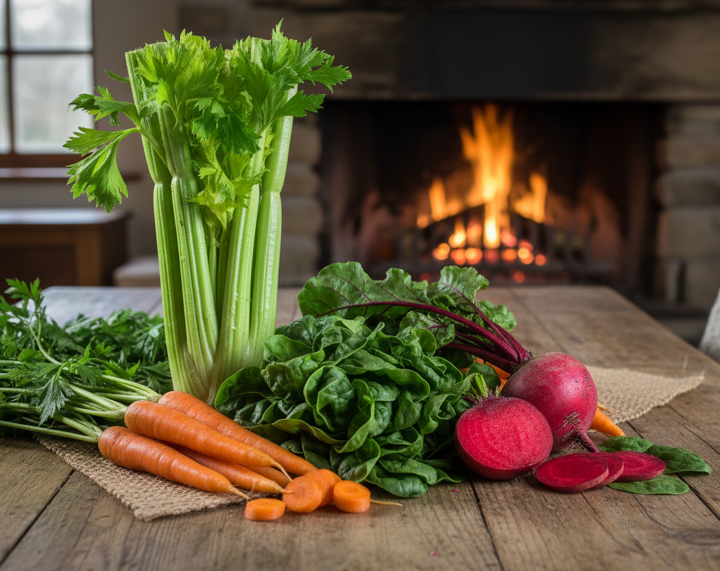 céleri branche, épinards, carottes et betteravee en gros plan sur une table en bois, ambiance chaleureuse, ferme, cheminée en fond