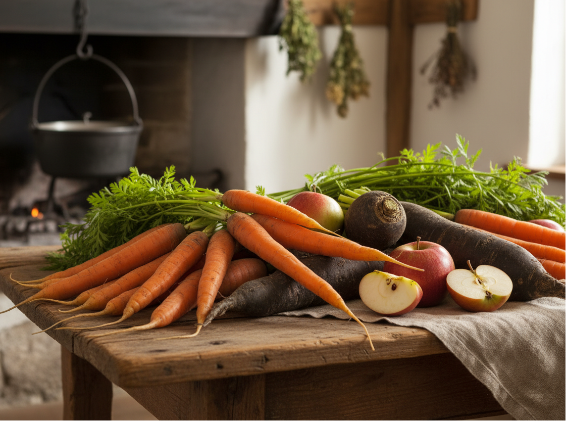 carottes, radis noir longs et pommes en gros plan sur une table en bois, ambiance chaleureuse, ferme 