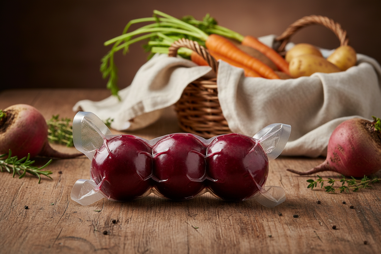 Pack de 3 betteraves cuites sous vide présentées dans un sachet transparent bien scellé, montrant la couleur profonde et brillante des betteraves. Mise en scène sur une table en bois rustique, avec une ambiance chaleureuse et fermière : lumière douce, ton naturels, éléments de ferme en arrière-plan (panier en osier, torchon en lin, légumes frais). Style propre, authentique, artisanal, idéal pour une boutique alimentaire en ligne. Composition soignée, photo réaliste, qualité professionnelle