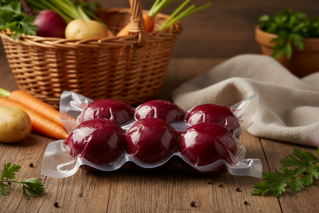 Pack de 6 betteraves cuites sous vide présentées dans un sachet transparent bien scellé, montrant la couleur profonde et brillante des betteraves. Mise en scène sur une table en bois rustique, avec une ambiance chaleureuse et fermière : lumière douce, ton naturels, éléments de ferme en arrière-plan (panier en osier, torchon en lin, légumes frais). Style propre, authentique, artisanal, idéal pour une boutique alimentaire en ligne. Composition soignée, photo réaliste, qualité professionnelle