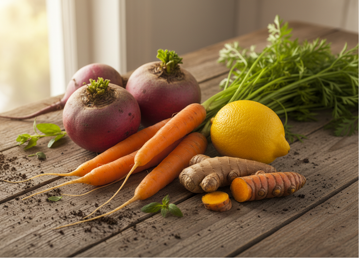 uniquement carottes, betteraves, citron gingembre et curcuma frais, en gros plan sur une table en bois, ambiance chaleureuse, ferme 