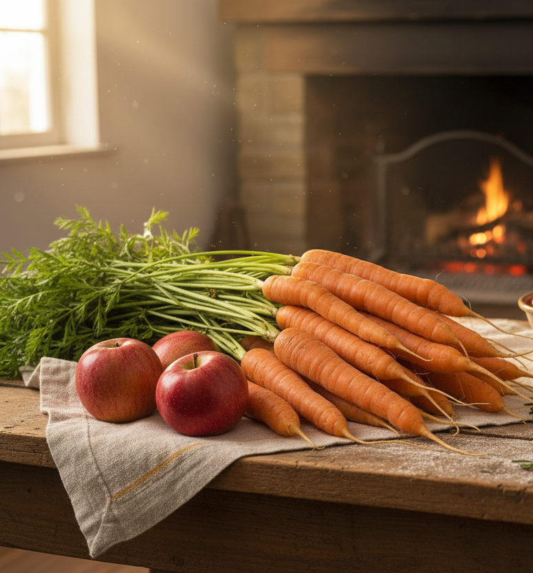 uniquement carottes et pommes en gros plan sur une table en bois, ambiance chaleureuse, ferme 