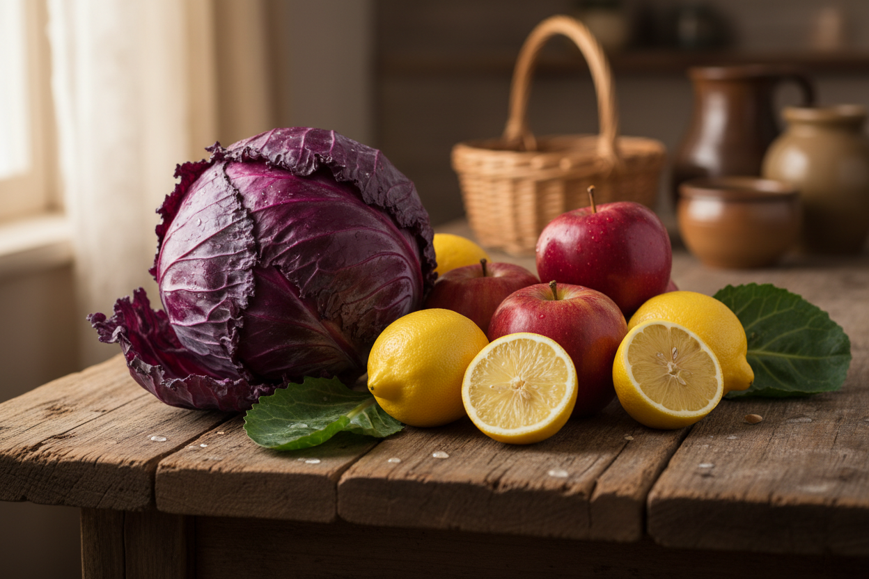 uniquement chou violet, pommes et citron frais, en gros plan sur une table en bois, ambiance chaleureuse, ferme 