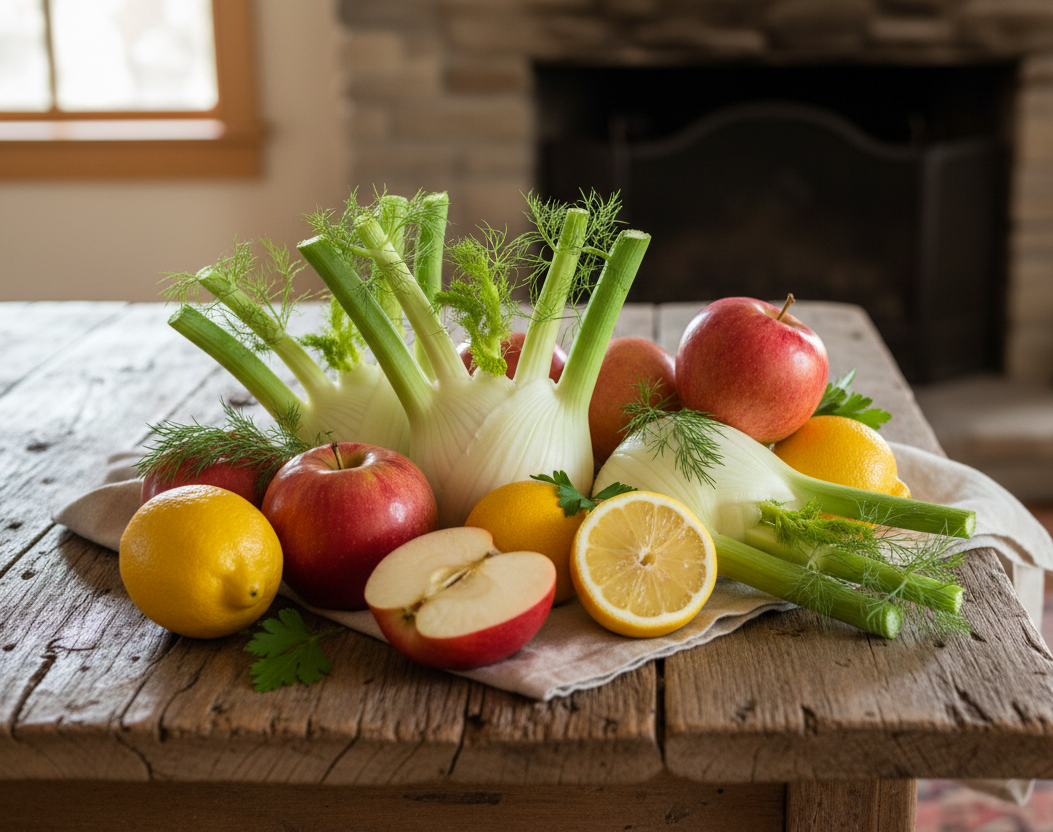 uniquement fenouil, pommes, citron frais, en gros plan sur une table en bois, ambiance chaleureuse, ferme 
