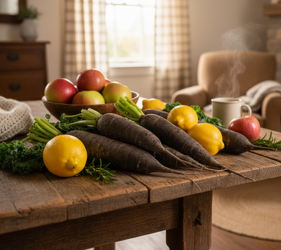 uniquement radis noir longs, citron et pommes en gros plan sur une table en bois, ambiance chaleureuse, ferme 